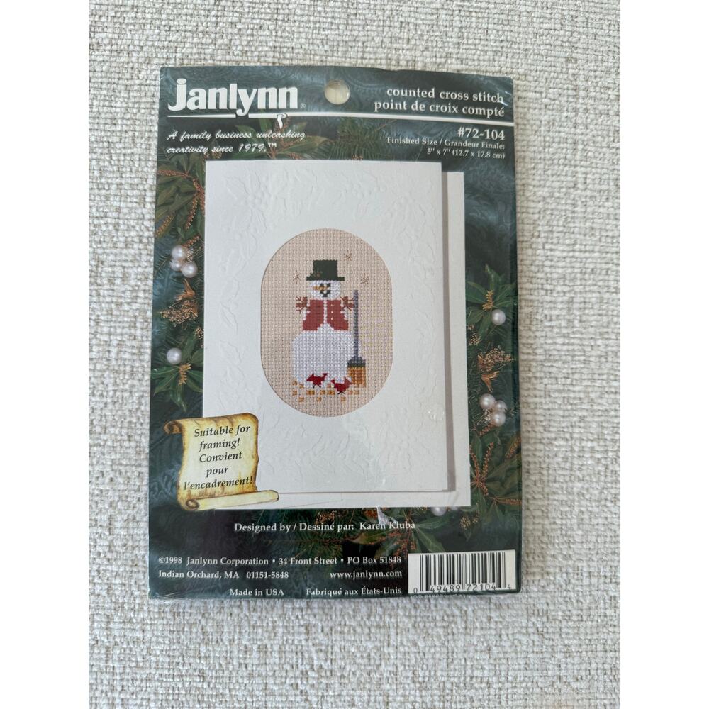 NWT Vintage Janlynn Counted Cross Stitch Kit Snowman Birds Broom 5”x7” 1998